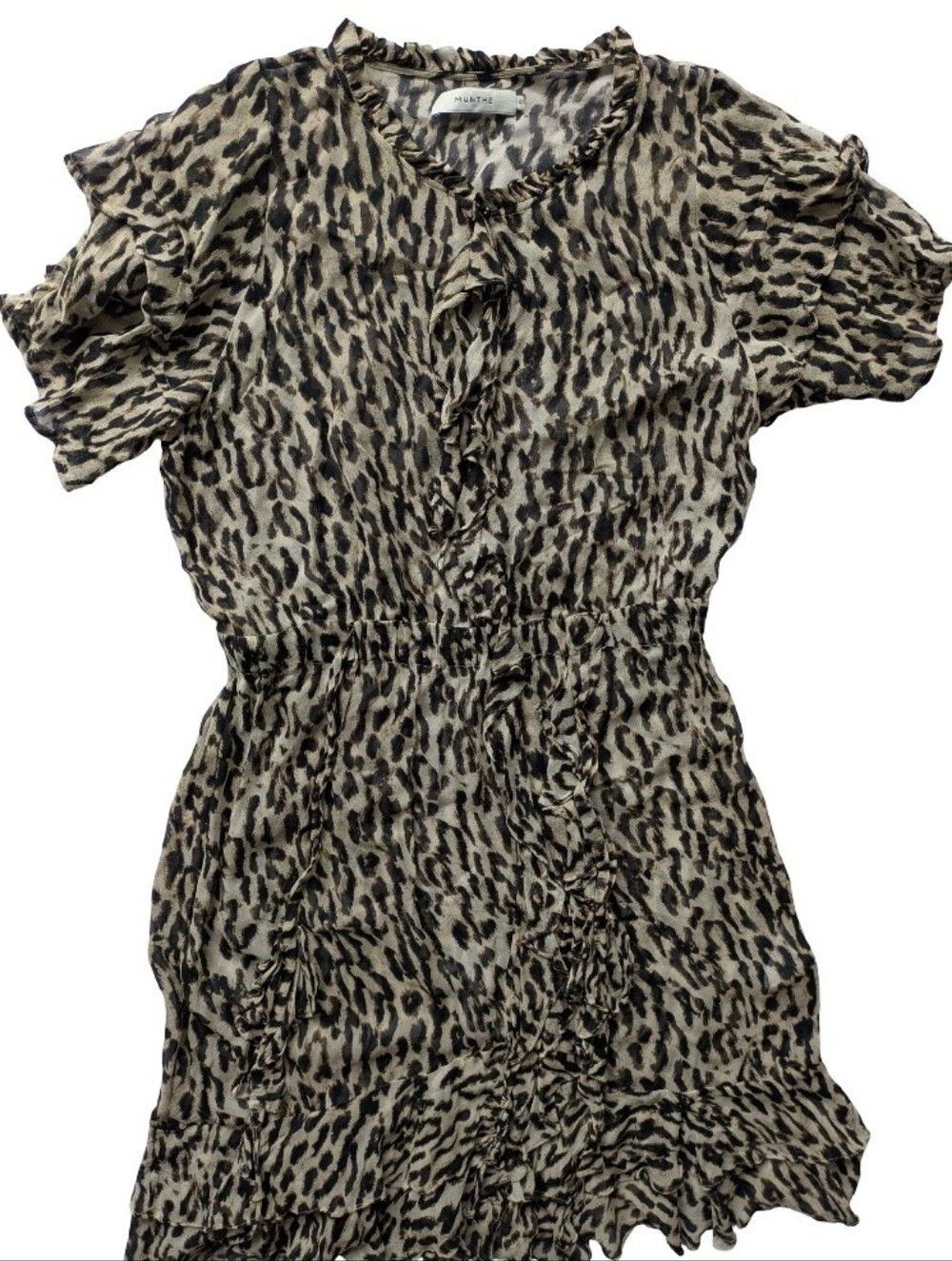 Munthe Push Dress 40/ 10 /M Sheer Tie Waist Danish Summer Cheetah Leopard
